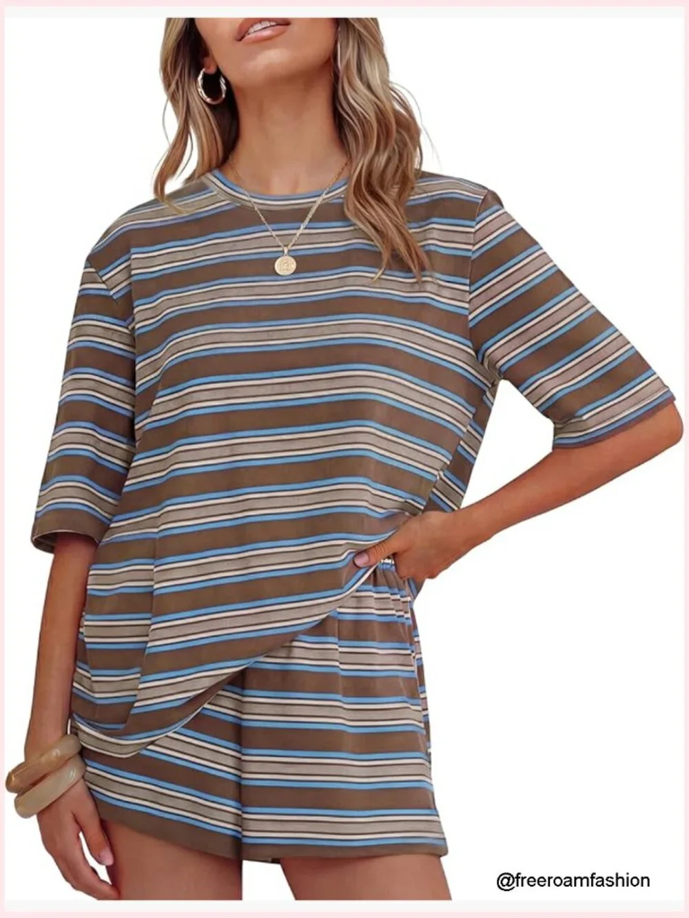 Women's 2 Piece Short Set Striped Loose Fit Lounge Matching Airport Travel
